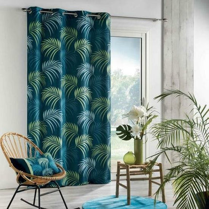 Gordijn met ringen 140 × 260 cm – Bedrukt polyester – Blue Vegetal – Blauw
