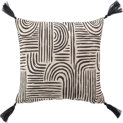 Sierkussen met pompons en rits 45 × 45 cm – Bedrukt polykatoen – Pandore – Zwart