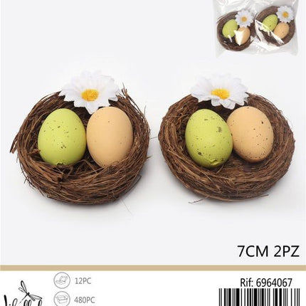 Decoratief nest met eieren 7 cm – set van 2