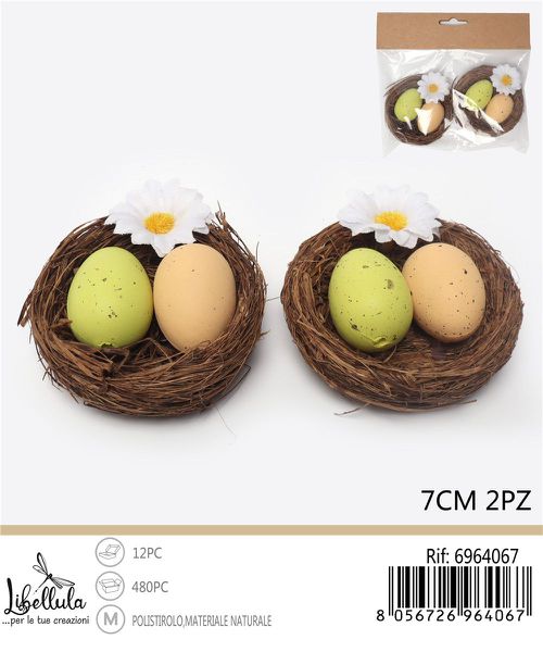 Decoratief nest met eieren 7 cm – set van 2