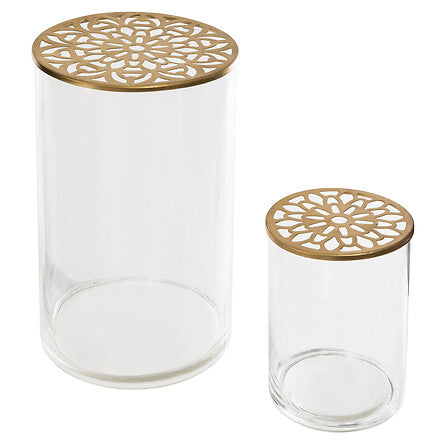 Set van 2 vazen met metalen deksel hoogte max 25 cm glas