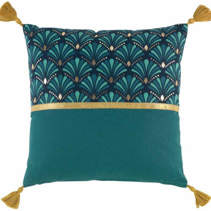 Sierkussen met pompons en rits 40 × 40 cm – Metallic bedrukt katoen – Artchic – Blauw