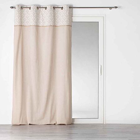 Gordijn met ringen 140 × 240 cm – Effen polykatoen met bedrukte top en jute – Bahina – Wit