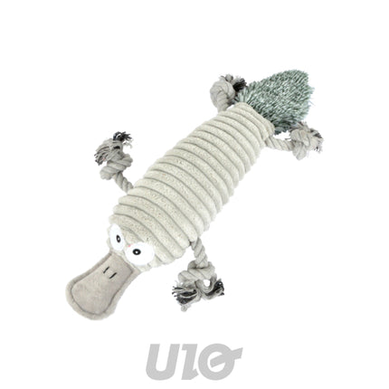 Pluche hondenspeelgoed vogelbekdier met pieper 38 cm – lichtgrijs