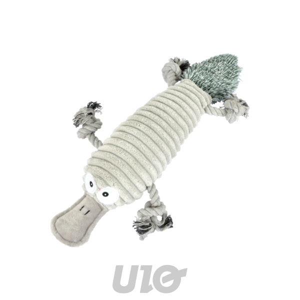 Pluche hondenspeelgoed vogelbekdier met pieper 38 cm – lichtgrijs