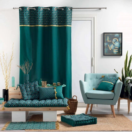 Gordijn met ringen 140 × 240 cm – Effen katoen met metallic bedrukte top – Artchic – Blauw
