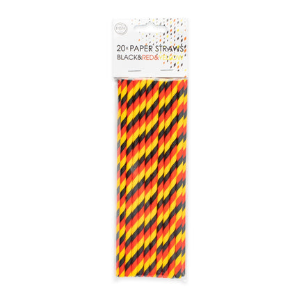 20 papieren rietjes zwart-rood-geel 6 mm x 197 mm