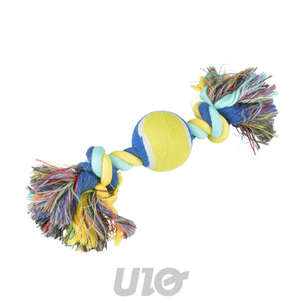 Hondentouw met 2 knopen en tennisbal 30 cm – assorti