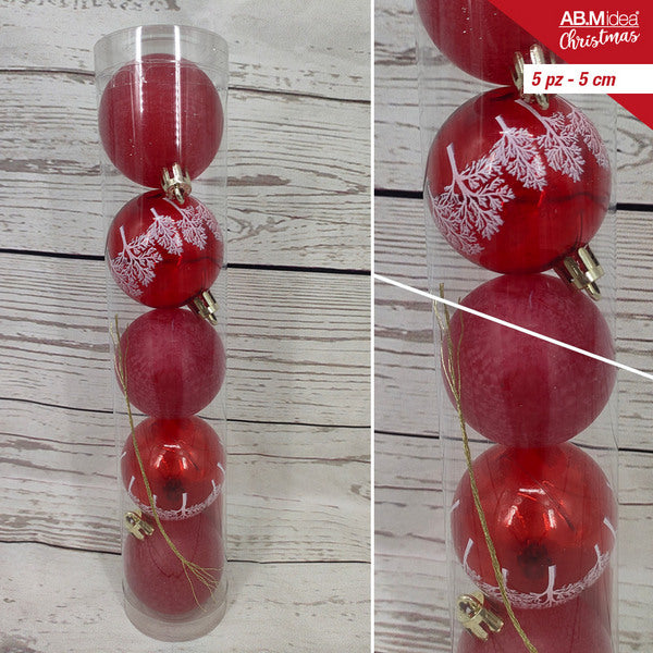 Buis met 5 kerstballen 5 cm – 2 rode decorballen