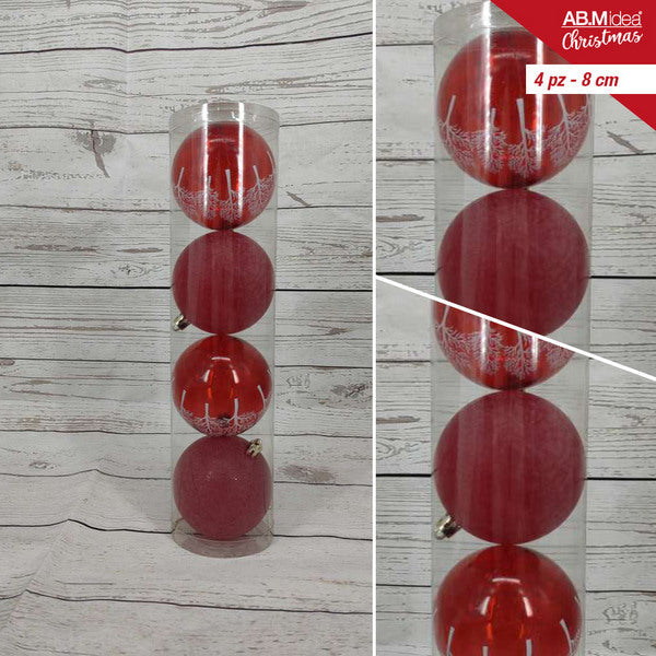Buis met 4 kerstballen 8 cm – 2 rode decorballen