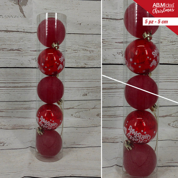 Buis met 5 kerstballen 5 cm – 3 rode decorballen