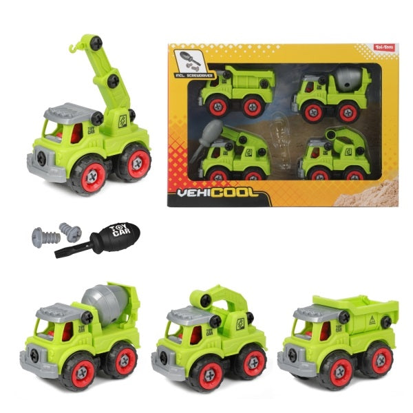 Vehicool Bouwvoertuigen Set – 4 stuks met schroevendraaier