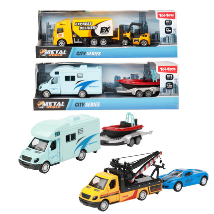 Metalen Campertruck met trailer en voertuig – 6 assorti
