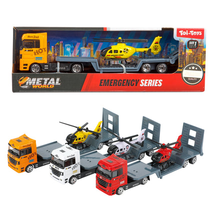 Metalen Truck met oplegger en helikopter – 3 assorti