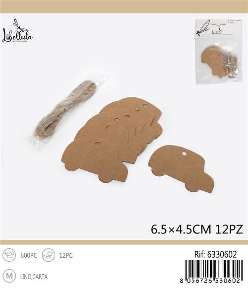 DIY Labels Auto met koord 6,5x4,5 cm – 12 stuks