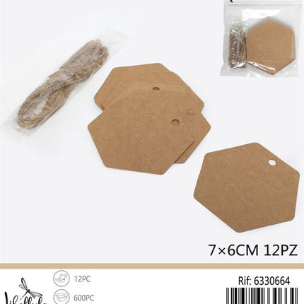 DIY Labels Hexagon met koord 7x6 cm – 12 stuks