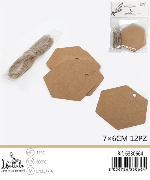 DIY Labels Hexagon met koord 7x6 cm – 12 stuks