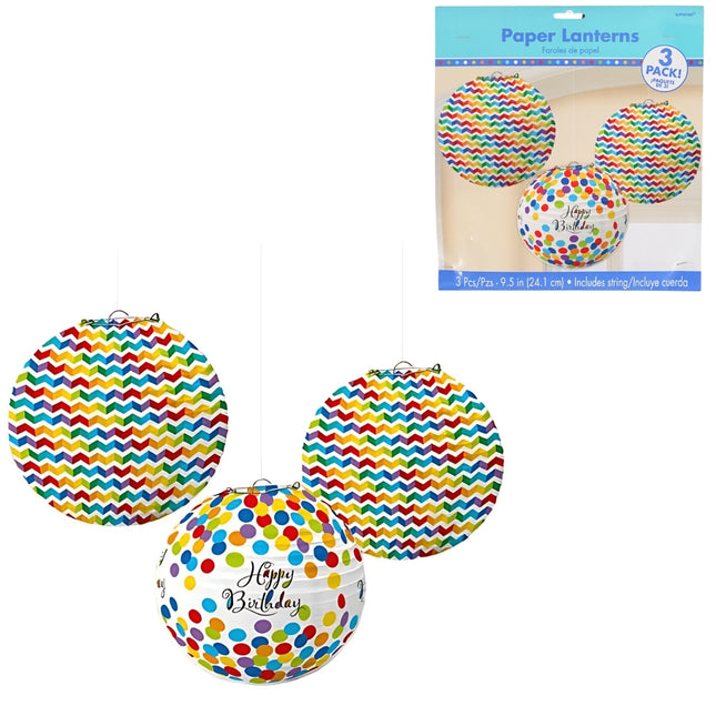 Lampionnen Happy Birthday 24 cm – set van 3