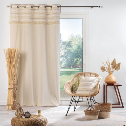 Gordijn met ringen 140 × 240 cm – Effen katoen met geweven top en franjes – Atlas – Naturel